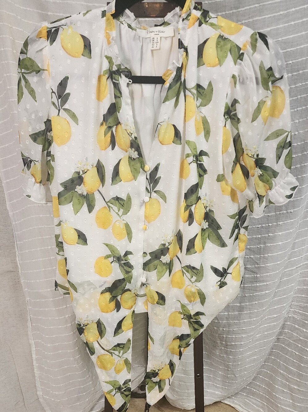 White Lemon Tie-Front Blouse Fabric Buttons Chiffon Puff Sleeves Summer Light